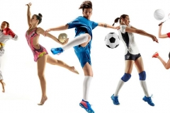 Collage of different sportsmen, fit men and women in action and motion isolated on white background